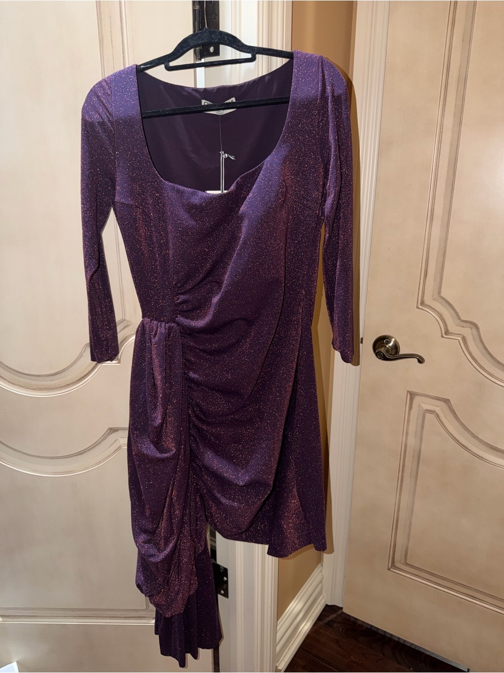 Chiara Boni Purple Sparkle Draped Ruched Long Sleeve Dress